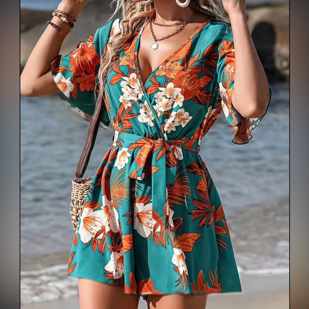 Tropical Floral Jumpsuit in Teal and Orange NWOT - Picture 1 of 8
